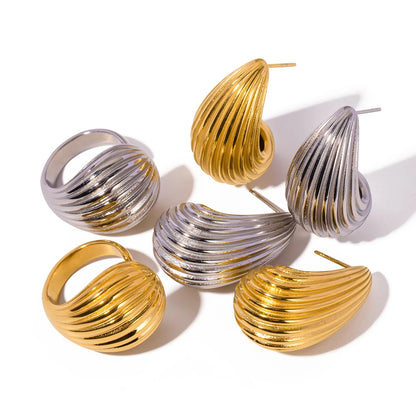 Stainless Steel Stripe Drop Earrings Exaggerated  Ring Set Exquisite Jewelry