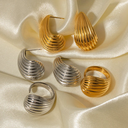 Stainless Steel Stripe Drop Earrings Exaggerated  Ring Set Exquisite Jewelry