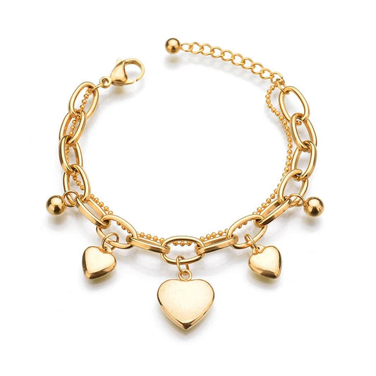 Stainless Steel Trendy  Bracelet Double Layer Gold Color Heart Rope Chain